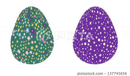 Easter egg with flowers and leaves. Seamless patterned eggs with polka dots, flowers 137745656