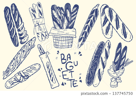 Baguette bread collection with bakery loaves in outline doodle style Baguette bread collection with bakery loaves in outline doodle style 137745750