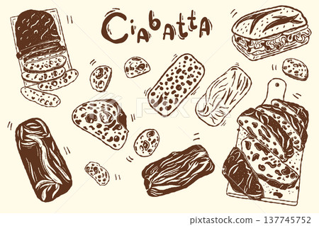 Ciabatta bread collection with bakery loaves and slices in outline style 137745752