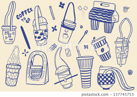 Coffee cup collection with takeaway mugs and drinks in outline style Coffee cup collection with takeaway mugs and drinks in outline style 137745753