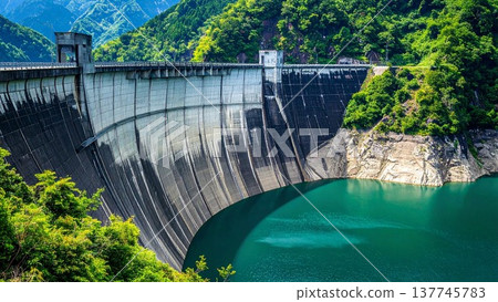 日本的水壩和鬱鬱蔥蔥的水庫。基礎設施背景素材，包括混凝土牆和留白區域。 137745783