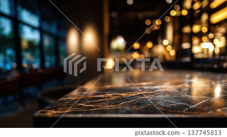 Luxury marble countertop surface with dramatic veining in warm restaurant interior, elegant stone texture background suitable for kitchen design, architecture or premium lifestyle content 137745813