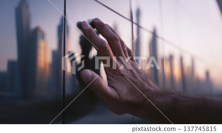 Human hand touching reflective glass wall with blurred city skyline at sunset, urban architecture reflection creating modern technology concept 137745815