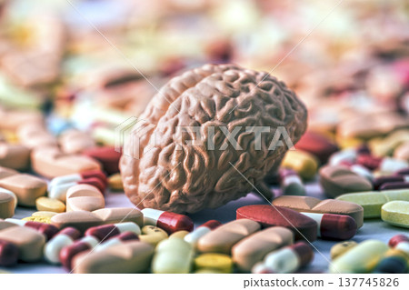 Human brain on heap of medicine pills or dietary supplements 137745826