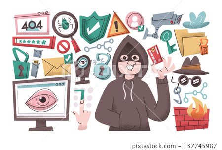 Cyber security elements for data protection set with cunning thief character stole bank card Cyber security elements for data protection set with cunning thief character stole bank card 137745987