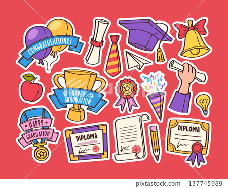 Colorful graduation set with mortarboard, rolled diploma, certificate scroll, confetti firecracker Colorful graduation set with mortarboard, rolled diploma, certificate scroll, confetti firecracker 137745989