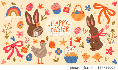 Festive colorful composition of Happy Easter holiday stickers with vibrant seasonal attributes 137745992