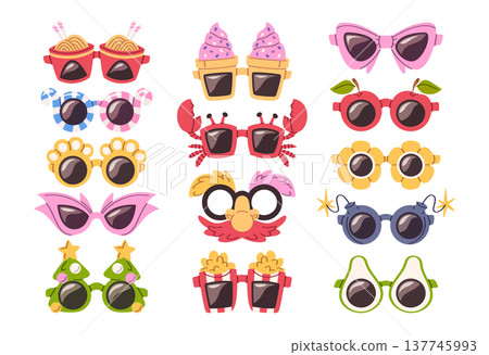 Collection of fun party sunglasses in various shapes and colors for summer festival and photo booths 137745993