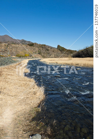 The Agatsuma River in early spring, viewed from Onogami Onsen Park. 137746019