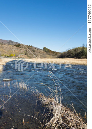 The Agatsuma River in early spring, viewed from Onogami Onsen Park. 137746022