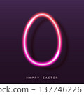 Neon egg shape with Happy Easter text on dark purple background 137746226