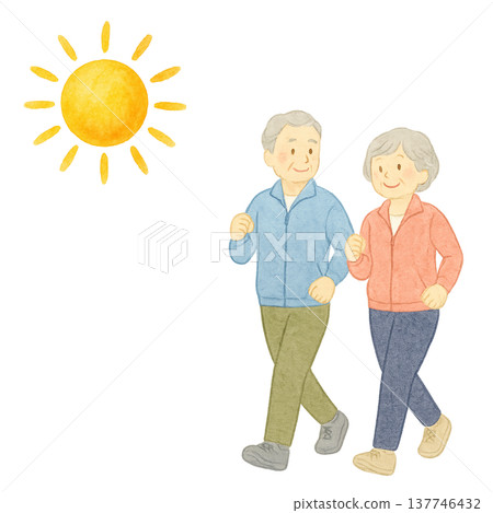 一幅水彩插畫，描繪了一對老年夫婦散步的場景，象徵著健康的生活方式。 137746432