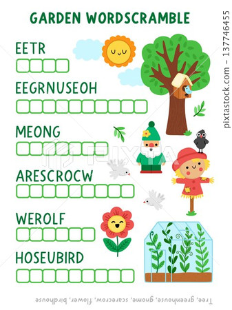 Vector garden word scramble activity page. English language game with greenhouse, tree, scarecrow, flower, gnome. Spring family quiz, printable worksheet with gardening symbols Vector garden word scramble activity page. English language game with greenhouse, tree, scarecrow, flower, gnome. Spring family quiz, printable worksheet with gardening symbols 137746455