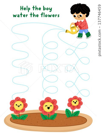 Vector garden handwriting practice worksheet with boy gardener watering flowers. Preschool drawing printable activity. Spring tracing game for writing skills with kid doing gardening work Vector garden handwriting practice worksheet with boy gardener watering flowers. Preschool drawing printable activity. Spring tracing game for writing skills with kid doing gardening work 137746459