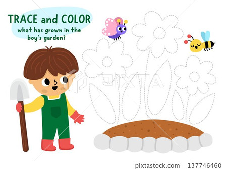 Vector garden handwriting practice worksheet with boy gardener growing flowers. Preschool drawing printable activity. Spring tracing coloring game for writing skills with kid doing gardening work Vector garden handwriting practice worksheet with boy gardener growing flowers. Preschool drawing printable activity. Spring tracing coloring game for writing skills with kid doing gardening work 137746460