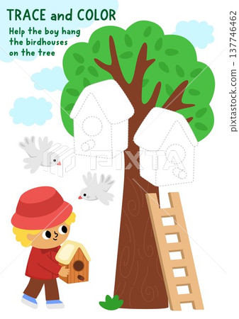 Vector garden handwriting practice worksheet with boy gardener hanging birdhouses on tree. Preschool drawing printable activity. Spring tracing game for writing skills with kid doing gardening work Vector garden handwriting practice worksheet with boy gardener hanging birdhouses on tree. Preschool drawing printable activity. Spring tracing game for writing skills with kid doing gardening work 137746462