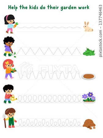 Vector garden handwriting practice worksheet with kids gardeners doing gardening work. Preschool drawing printable activity. Spring tracing game for writing skills with children Vector garden handwriting practice worksheet with kids gardeners doing gardening work. Preschool drawing printable activity. Spring tracing game for writing skills with children 137746463