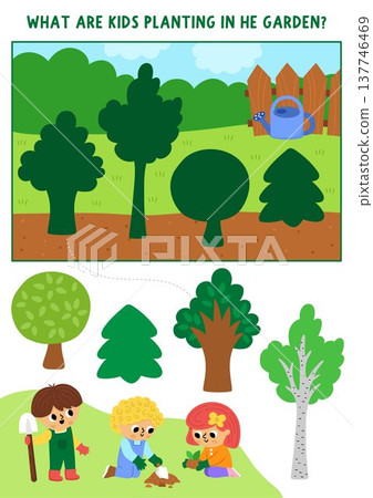 Garden shadow matching activity with kids gardeners planting trees. Spring puzzle for children. Find correct silhouette printable worksheet, game, page with boy and girl doing gardening work Garden shadow matching activity with kids gardeners planting trees. Spring puzzle for children. Find correct silhouette printable worksheet, game, page with boy and girl doing gardening work 137746469