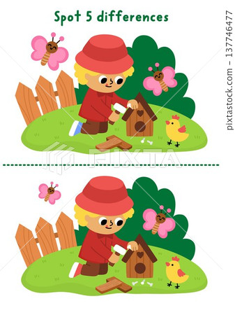 Garden find differences game for children. Spring educational activity with boy gardener building birdhouse. Puzzle for kids. Printable worksheet, page for logic, attention with nature scene Garden find differences game for children. Spring educational activity with boy gardener building birdhouse. Puzzle for kids. Printable worksheet, page for logic, attention with nature scene 137746477