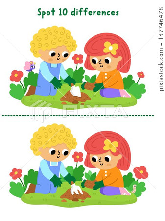 Garden find differences game for children. Spring educational activity with boy and girl planting seeds. Puzzle for kids. Printable worksheet, page for logic, attention with nature scene Garden find differences game for children. Spring educational activity with boy and girl planting seeds. Puzzle for kids. Printable worksheet, page for logic, attention with nature scene 137746478