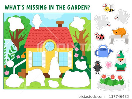 Vector garden cut and glue activity. Crafting game with cute spring landscape, summer cottage, trees, flower beds. Country house printable worksheet. Find right piece of the puzzle. Complete picture Vector garden cut and glue activity. Crafting game with cute spring landscape, summer cottage, trees, flower beds. Country house printable worksheet. Find right piece of the puzzle. Complete picture 137746483