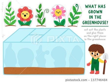 Vector garden cut and glue activity. Crafting game with cute greenhouse, flowers, kid with spade growing plants. Country house printable worksheet. Find right piece of the puzzle. Complete picture Vector garden cut and glue activity. Crafting game with cute greenhouse, flowers, kid with spade growing plants. Country house printable worksheet. Find right piece of the puzzle. Complete picture 137746484