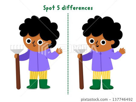 Garden find differences game for children. Spring educational activity with boy gardener standing with rake. Cute puzzle for kids. Printable worksheet, page for logic and attention 137746492