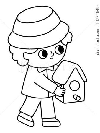 Spring garden black and white illustration with boy going with a wooden birdhouse. Vector country house, farm concept. Cute line kid doing gardening work icon. Child clipart, coloring page 137746493
