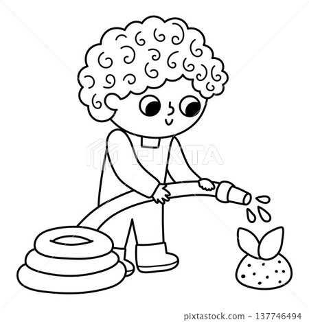 Vector black and white boy watering baby plant with hose. Cute kid gardener clipart. Funny line child doing gardening works. Nature illustration, coloring page with children Vector black and white boy watering baby plant with hose. Cute kid gardener clipart. Funny line child doing gardening works. Nature illustration, coloring page with children 137746494