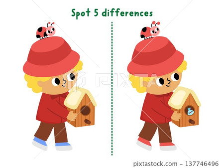 Garden find differences game for children. Spring educational activity with boy gardener going with birdhouse. Cute puzzle for kids. Printable worksheet, page for logic and attention Garden find differences game for children. Spring educational activity with boy gardener going with birdhouse. Cute puzzle for kids. Printable worksheet, page for logic and attention 137746496