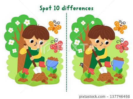 Garden find differences game for children. Spring educational activity with boy gardener digging ground, planting seedling. Puzzle for kids. Printable worksheet, page for logic, attention with nature Garden find differences game for children. Spring educational activity with boy gardener digging ground, planting seedling. Puzzle for kids. Printable worksheet, page for logic, attention with nature 137746498