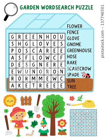 Vector garden word search puzzle for kids. Wordsearch quiz shaped as greenhouse with scarecrow, tree, flower, hose, gnome, rake, spade for children. Spring educational cross word activity 137746501