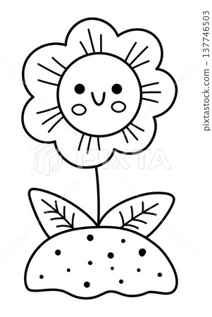 Vector black and white smiling flower icon. Blooming plant growing on the ground illustration. Floral kawaii clipart. Cute line summer, garden or Easter village bloom, coloring page Vector black and white smiling flower icon. Blooming plant growing on the ground illustration. Floral kawaii clipart. Cute line summer, garden or Easter village bloom, coloring page 137746503