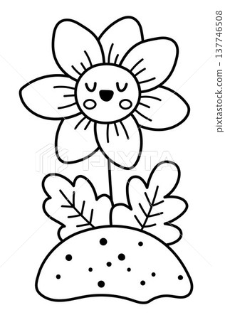 Vector black and white smiling flower icon. Blooming plant growing on the ground illustration. Floral kawaii clipart. Cute line summer, garden or Easter village bloom, coloring page Vector black and white smiling flower icon. Blooming plant growing on the ground illustration. Floral kawaii clipart. Cute line summer, garden or Easter village bloom, coloring page 137746508