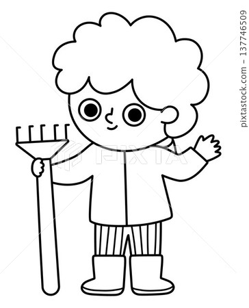Vector black and white boy standing with rakes and waving hand. Cute line kid gardener clipart. Funny child doing gardening works, raking leaves. Spring or summer country icon, coloring page 137746509