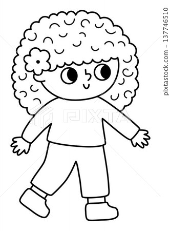 Vector black and white girl going sideward and looking right with smile. Cute happy kid clipart. Funny joyful child. Nature line illustration, coloring page with children 137746510