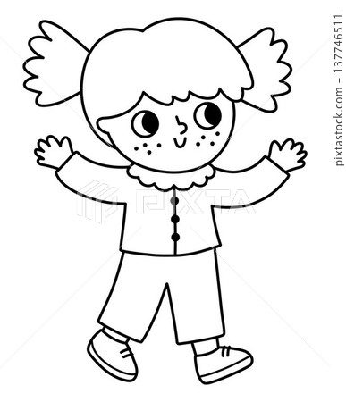 Vector black and white girl standing or going with stretched arms. Cute happy kid clipart with hands up. Funny joyful child coloring page. Nature line illustration with children Vector black and white girl standing or going with stretched arms. Cute happy kid clipart with hands up. Funny joyful child coloring page. Nature line illustration with children 137746511