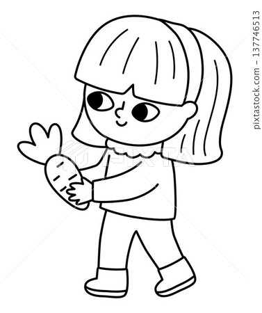 Vector black and white girl going with carrot in hands. Cute happy smiling kid clipart. Funny Easter, farm or garden joyful child. Nature line illustrations, coloring page with children Vector black and white girl going with carrot in hands. Cute happy smiling kid clipart. Funny Easter, farm or garden joyful child. Nature line illustrations, coloring page with children 137746513