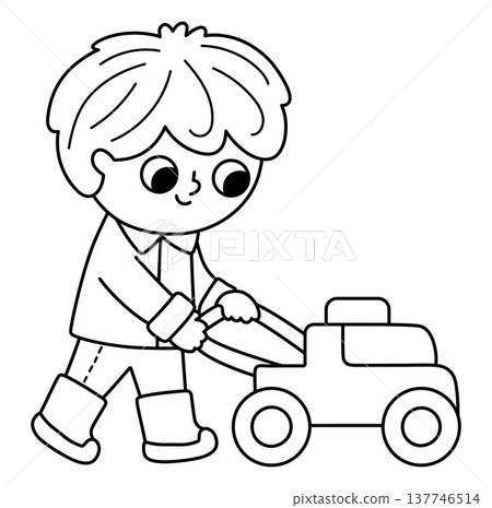 Vector black and white boy mowing grass with lawn mower. Cute kid gardener clipart. Child doing gardening works. Nature line illustration. Spring or summer country icon, coloring page Vector black and white boy mowing grass with lawn mower. Cute kid gardener clipart. Child doing gardening works. Nature line illustration. Spring or summer country icon, coloring page 137746514