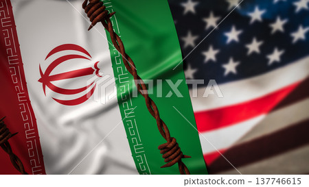 Iran Flag Behind Barbed Wire With Blurred United States Flag Background Political Conflict Concept 3d render. Iran Flag Behind Barbed Wire With Blurred United States Flag Background Political Conflict Concept 3d render. 137746615