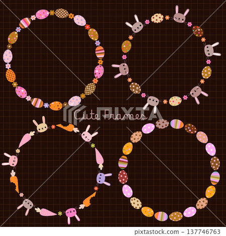 Easter vector frames with chocolate eggs, bunnies, flowers and carrots, cute borders for greeting cards and invitations Easter vector frames with chocolate eggs, bunnies, flowers and carrots, cute borders for greeting cards and invitations 137746763