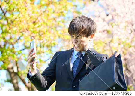 A young businessman, looking at his smartphone and holding his head in distress, in a park with cherry blossoms in bloom. (Upper body) A young businessman, looking at his smartphone and holding his head in distress, in a park with cherry blossoms in bloom. (Upper body) 137746806