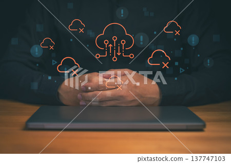 Cloud computing security concept with protecting digital cloud icon and warning symbol on laptop. Data protection, system failure, cybersecurity risk, network safety and IT infrastructure management. Cloud computing security concept with protecting digital cloud icon and warning symbol on laptop. Data protection, system failure, cybersecurity risk, network safety and IT infrastructure management. 137747103