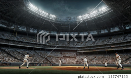 Samurai warriors challenging the world—monochrome baseball art in action on the passionate baseball field 137747133