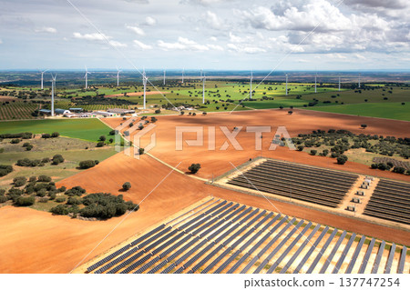 Aerial drone shot of solar panels and wind Aerial drone shot of solar panels and wind 137747254