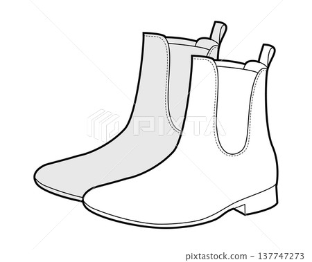Chelsea boot women sketch pair. Clean ankle boot for everyday city outfit and capsule wardrobe. Technical fashion CAD  137747273