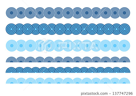 Borders with repeated blue overlapped circles and semicircles. Dividers or separators with sea or ocean scallops, dragon or fish scale texture. Abstract oriental ornaments. Vector flat illustration Borders with repeated blue overlapped circles and semicircles. Dividers or separators with sea or ocean scallops, dragon or fish scale texture. Abstract oriental ornaments. Vector flat illustration 137747296