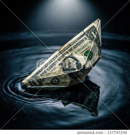 A fragile origami boat folded from a US dollar bill floats on dark rippling water under dramatic lighting. Concept of economic risk. High quality photo 137747299