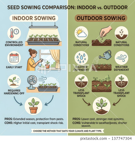 gardening Infographic: A Comparison of Indoor vs. Outdoor Seed Sowing Methods. Pros and cons for starting plants. 137747304