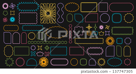 Set of bright colorful forms with curvy edges on black background. Simple cute shapes with undulated borders. Empty neon signboards or web banners. Vector outline illustration 137747305
